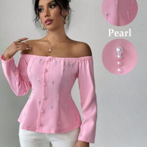 SHEIN Privé Blouse élégante à épaules dénudées avec manches longues et pendantes, ornée de perles personnalisées. Convient pour les sorties, le travail, les fêtes et les vacances