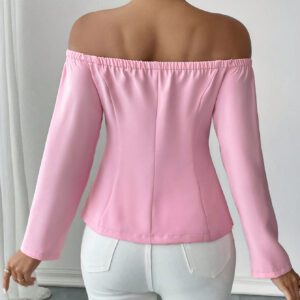 SHEIN Privé Blouse élégante à épaules dénudées avec manches longues et pendantes, ornée de perles personnalisées. Convient pour les sorties, le travail, les fêtes et les vacances