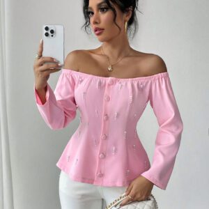 SHEIN Privé Blouse élégante à épaules dénudées avec manches longues et pendantes, ornée de perles personnalisées. Convient pour les sorties, le travail, les fêtes et les vacances