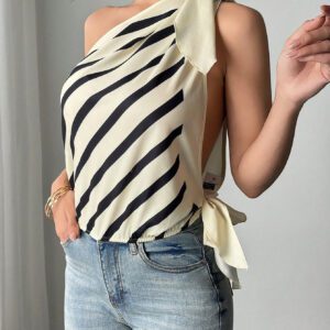 SHEIN Privé Top court moulant à lacets devant rayé abricot pour femme, idéal pour les festivals de musique