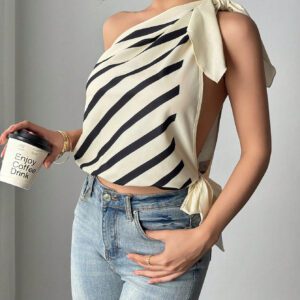 SHEIN Privé Top court moulant à lacets devant rayé abricot pour femme, idéal pour les festivals de musique