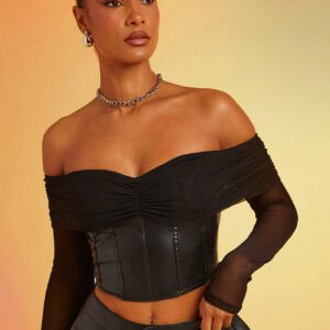 SHEIN Haute Top corset décolleté épaule en maille, aspect cuir synthétique PU
