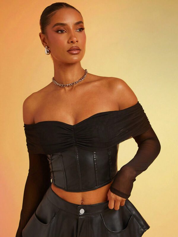 SHEIN Haute Top corset décolleté épaule en maille, aspect cuir synthétique PU