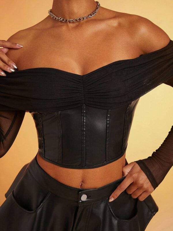 SHEIN Haute Top corset décolleté épaule en maille, aspect cuir synthétique PU – Image 3