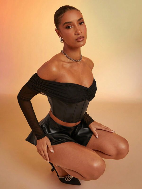 SHEIN Haute Top corset décolleté épaule en maille, aspect cuir synthétique PU – Image 4