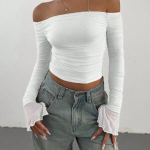 Aloruh Tee-shirt minimaliste à manches longues et froncis à l'épaule découverte, convient pour les sorties casual