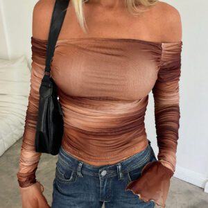 Aloruh Tee-shirt minimaliste à manches longues et froncis à l'épaule découverte, convient pour les sorties casual