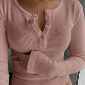 DAZY T-shirt manches longues à encolure boutonnée, ajusté et côtelé, pour femmes, style casual d'automne