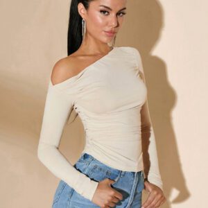 SHEIN BAE Pull tricoté ajusté avec col asymétrique et plissé, couleur unie, automne/hiver pour femmes