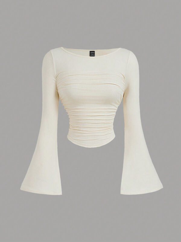 SHEIN MOD T-shirt polyvalent à col bateau, manches évasées et taille froncée de couleur unie, printemps-automne