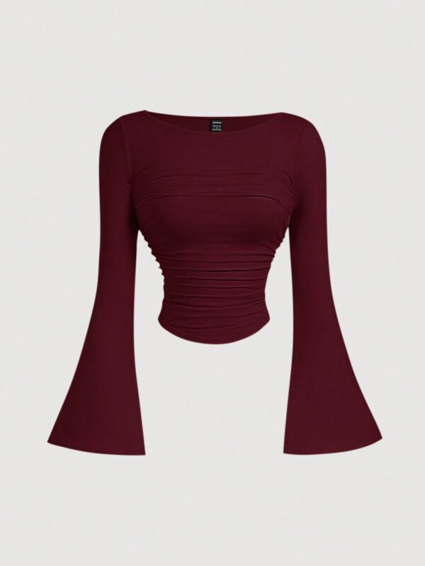 SHEIN MOD T-shirt polyvalent à col bateau, manches évasées et taille froncée de couleur unie, printemps-automne – Image 5