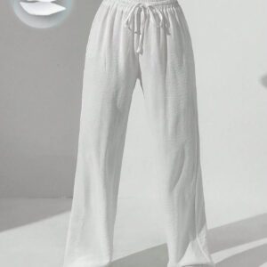 SHEIN MOOSTA Pantalon droit à taille à cordon en couleur unie pour femmes, pantalon large décontracté avec poches pour le printemps/automne, pantalon blanc ample et décontracté pour femmes à porter au quotidien