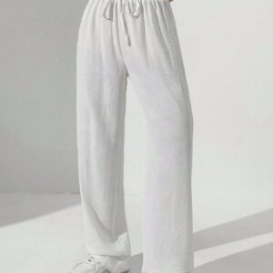 SHEIN MOOSTA Pantalon droit à taille à cordon en couleur unie pour femmes, pantalon large décontracté avec poches pour le printemps/automne, pantalon blanc ample et décontracté pour femmes à porter au quotidien