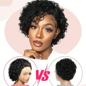 Dentelle Transparente Crépue Bouclée Coupe Lutin 13 X 1 En Dentelle Frontale Perruques 150% Densité 8 pouces Naturel Noir Couleur Pré-Plumé Racine Des Cheveux Naturel Humain Cheveux Qualité Supérieure Perruques Pour Femme devant en dentelle Perruque human hair