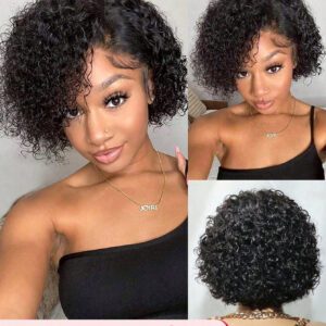 Dentelle Transparente Crépue Bouclée Coupe Lutin 13 X 1 En Dentelle Frontale Perruques 150% Densité 8 pouces Naturel Noir Couleur Pré-Plumé Racine Des Cheveux Naturel Humain Cheveux Qualité Supérieure Perruques Pour Femme devant en dentelle Perruque human hair