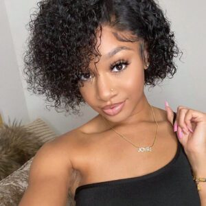 Dentelle Transparente Crépue Bouclée Coupe Lutin 13 X 1 En Dentelle Frontale Perruques 150% Densité 8 pouces Naturel Noir Couleur Pré-Plumé Racine Des Cheveux Naturel Humain Cheveux Qualité Supérieure Perruques Pour Femme devant en dentelle Perruque human hair