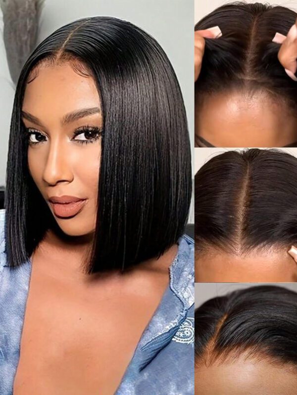 Perruque BOB courte à vendre, perruque frontale en dentelle T, cheveux humains brésiliens pré-peignés pour femmes, perruque sans colle en cheveux humains 180% – Image 3