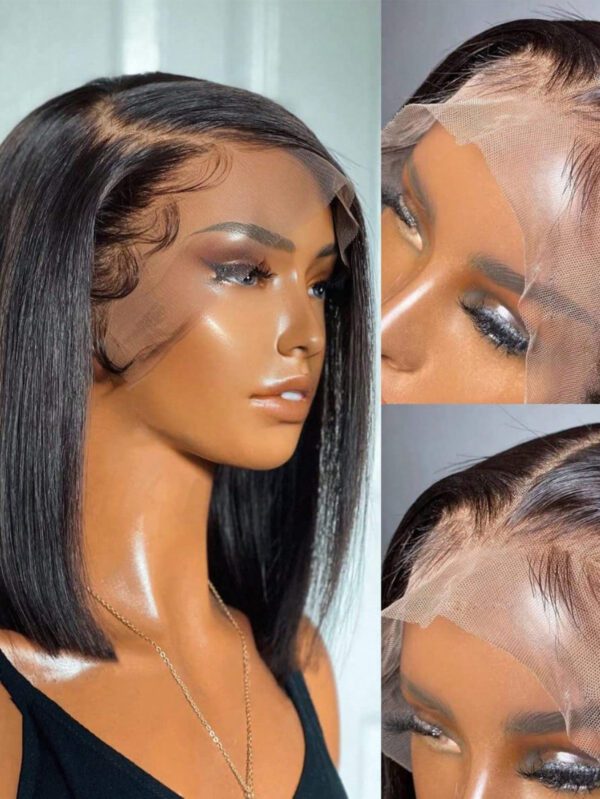 Perruque BOB courte à vendre, perruque frontale en dentelle T, cheveux humains brésiliens pré-peignés pour femmes, perruque sans colle en cheveux humains 180% – Image 4