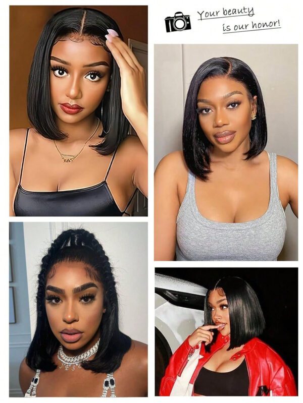 Perruque BOB courte à vendre, perruque frontale en dentelle T, cheveux humains brésiliens pré-peignés pour femmes, perruque sans colle en cheveux humains 180% – Image 9
