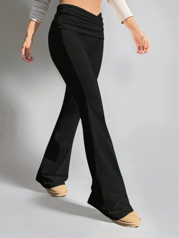 SHEIN PETITE Pantalon évasé unicolore Y2k avec plis froncés blancs, Legging évasé – Image 2