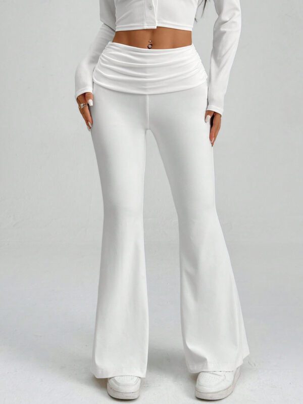 SHEIN PETITE Pantalon évasé unicolore Y2k avec plis froncés blancs, Legging évasé – Image 7