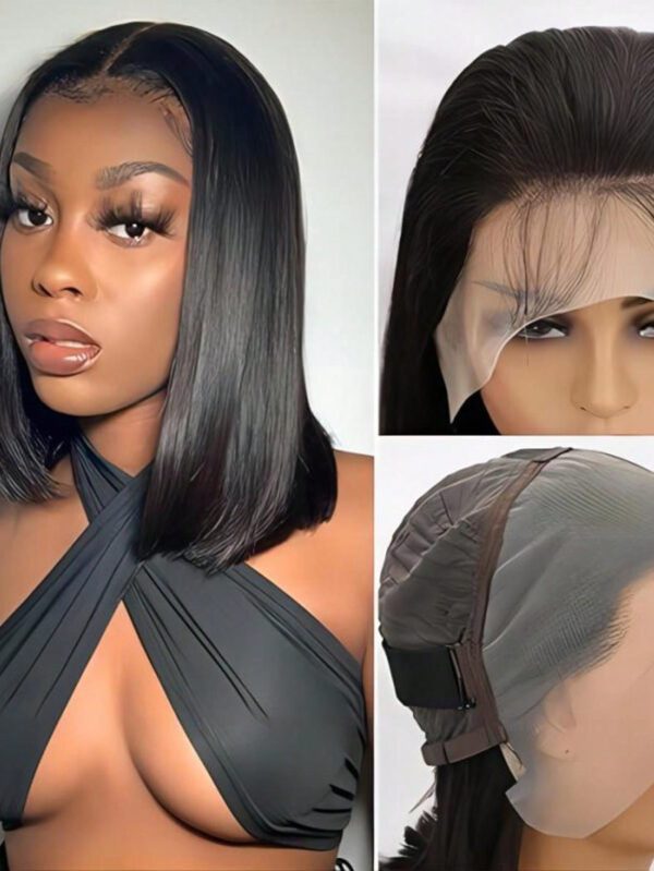Perruque BOB courte à vendre, perruque frontale en dentelle T, cheveux humains brésiliens pré-peignés pour femmes, perruque sans colle en cheveux humains 180% – Image 14