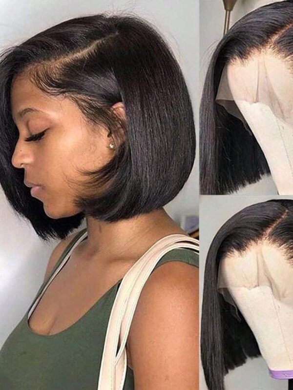 Perruque BOB courte à vendre, perruque frontale en dentelle T, cheveux humains brésiliens pré-peignés pour femmes, perruque sans colle en cheveux humains 180% – Image 15