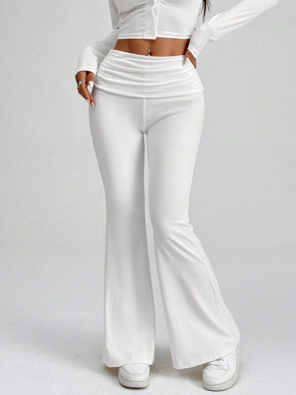 SHEIN PETITE Pantalon évasé unicolore Y2k avec plis froncés blancs, Legging évasé – Image 9