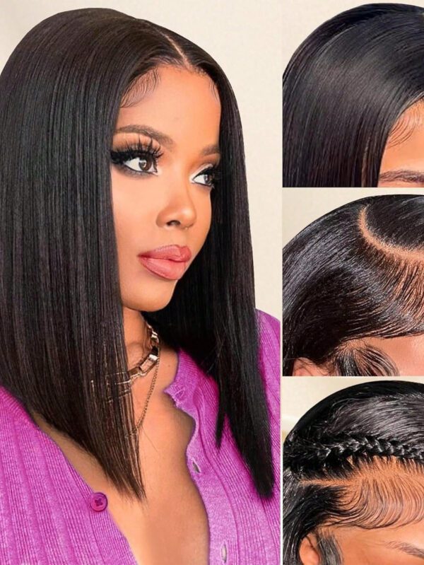 Perruque BOB courte à vendre, perruque frontale en dentelle T, cheveux humains brésiliens pré-peignés pour femmes, perruque sans colle en cheveux humains 180% – Image 17