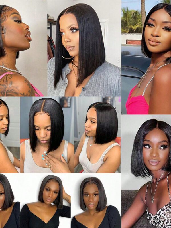 Perruque BOB courte à vendre, perruque frontale en dentelle T, cheveux humains brésiliens pré-peignés pour femmes, perruque sans colle en cheveux humains 180% – Image 19
