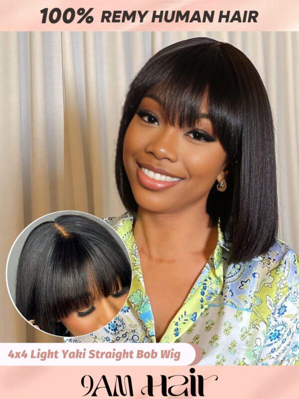 Perruques En Cheveux Humains Yaki Straight Bob 4x4 Fermeture À Lacets Perruque Courte En Cheveux Humains Avec Frange