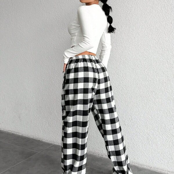 Cottnline Pantalon long décontracté à taille élastique plaid avec cordon de serrage en coton