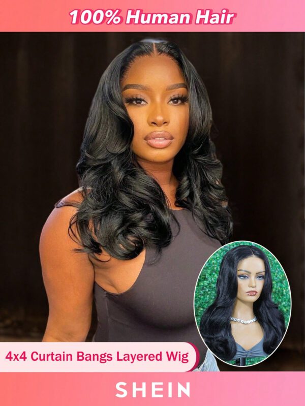 Perruque avec frange de rideau coupée au préalable, sans colle, à couches, avec raie au milieu, à ligne de cheveux naturelle noire, 100% cheveux naturels, ligne de cheveux pré-épilée