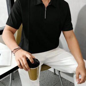 Manfinity Homme Chemise polo casual unicolore à manches courtes pour hommes, idéale pour les déplacements professionnels en été
