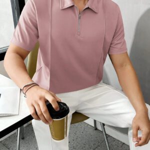 Manfinity Homme Chemise polo casual unicolore à manches courtes pour hommes, idéale pour les déplacements professionnels en été
