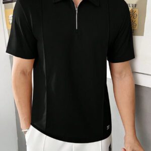 Manfinity Homme Chemise polo casual unicolore à manches courtes pour hommes, idéale pour les déplacements professionnels en été