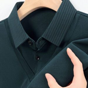 1 pièce Chemise polo à manches longues coupe slim rayée pour hommes, kaki, convient pour le voyage d'affaires léger en automne et en hiver