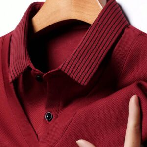 1 pièce Chemise polo à manches longues coupe slim rayée pour hommes, kaki, convient pour le voyage d'affaires léger en automne et en hiver