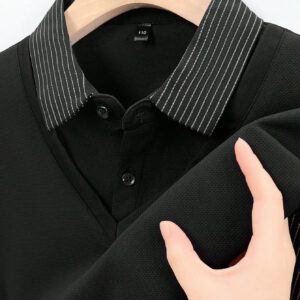1 pièce Chemise polo à manches longues coupe slim rayée pour hommes, kaki, convient pour le voyage d'affaires léger en automne et en hiver
