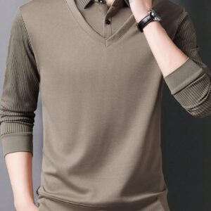 1 pièce Chemise polo à manches longues coupe slim rayée pour hommes, kaki, convient pour le voyage d'affaires léger en automne et en hiver