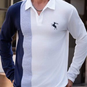 Manfinity Modomio Chemise polo décontractée à manches longues en tricot col châle à imprimé cerf bicolore, convenant pour un port quotidien