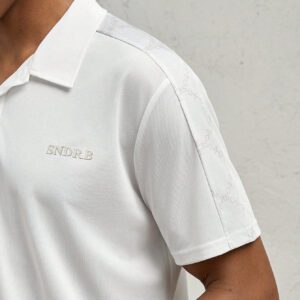AKNOTIC Business Casual Polo court à manches blanches, en tricot, ajusté, avec imprimé lettrage et patchwork, pour homme