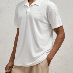 AKNOTIC Business Casual Polo court à manches blanches, en tricot, ajusté, avec imprimé lettrage et patchwork, pour homme