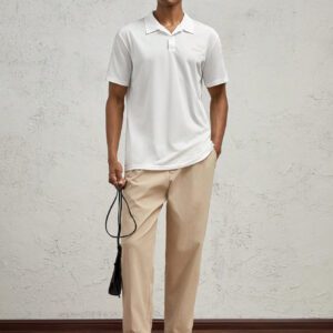 AKNOTIC Business Casual Polo court à manches blanches, en tricot, ajusté, avec imprimé lettrage et patchwork, pour homme