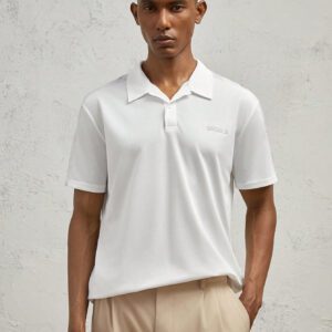 AKNOTIC Business Casual Polo court à manches blanches, en tricot, ajusté, avec imprimé lettrage et patchwork, pour homme