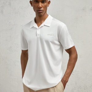 AKNOTIC Business Casual Polo court à manches blanches, en tricot, ajusté, avec imprimé lettrage et patchwork, pour homme
