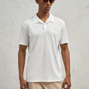 AKNOTIC Business Casual Polo court à manches blanches, en tricot, ajusté, avec imprimé lettrage et patchwork, pour homme