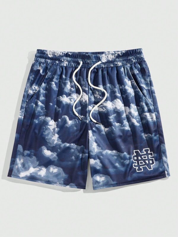 ROMWE Prep Short casual avec imprimé lettre ciel, taille à cordon, style pour homme, pour l'école