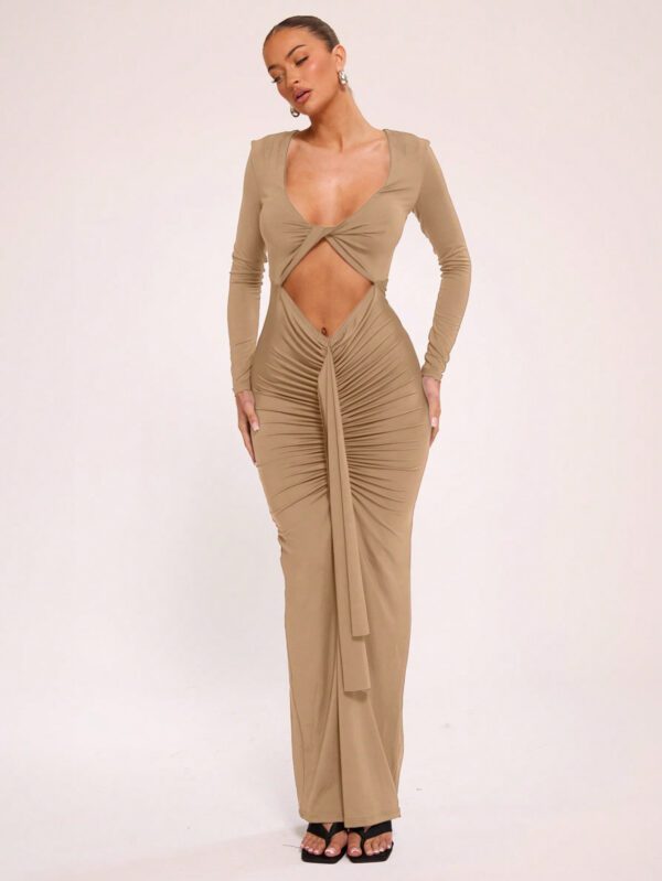 MUSERA Robe de fête de vacances à manches longues découpées et plissées, maxi, Noël – Image 3
