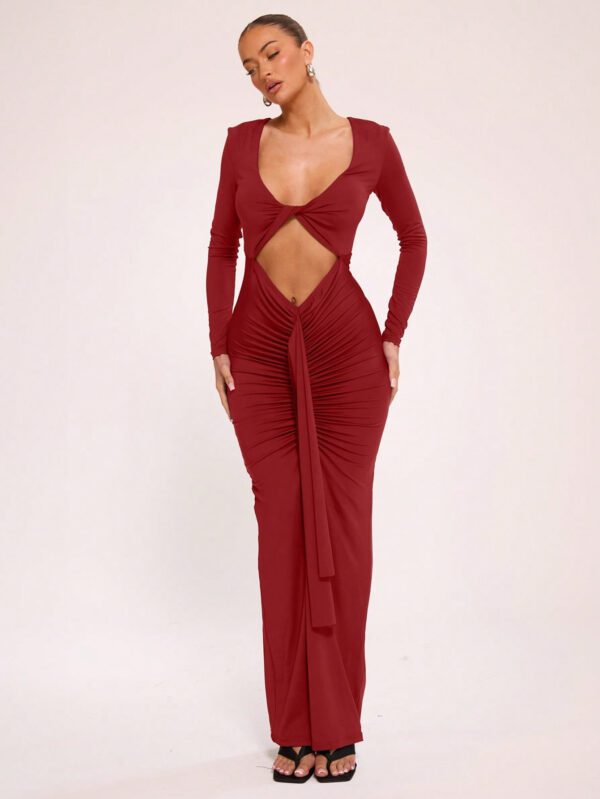 MUSERA Robe de fête de vacances à manches longues découpées et plissées, maxi, Noël – Image 4